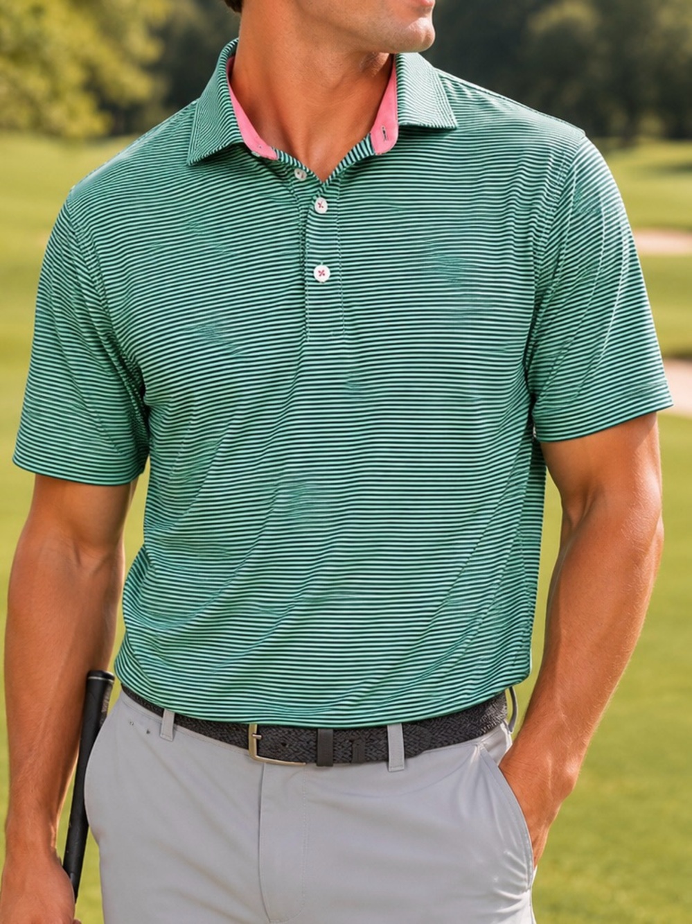 FootJoy FJ TPC Treviso Bay Green Pink Striped Golf Polo Men’s Large